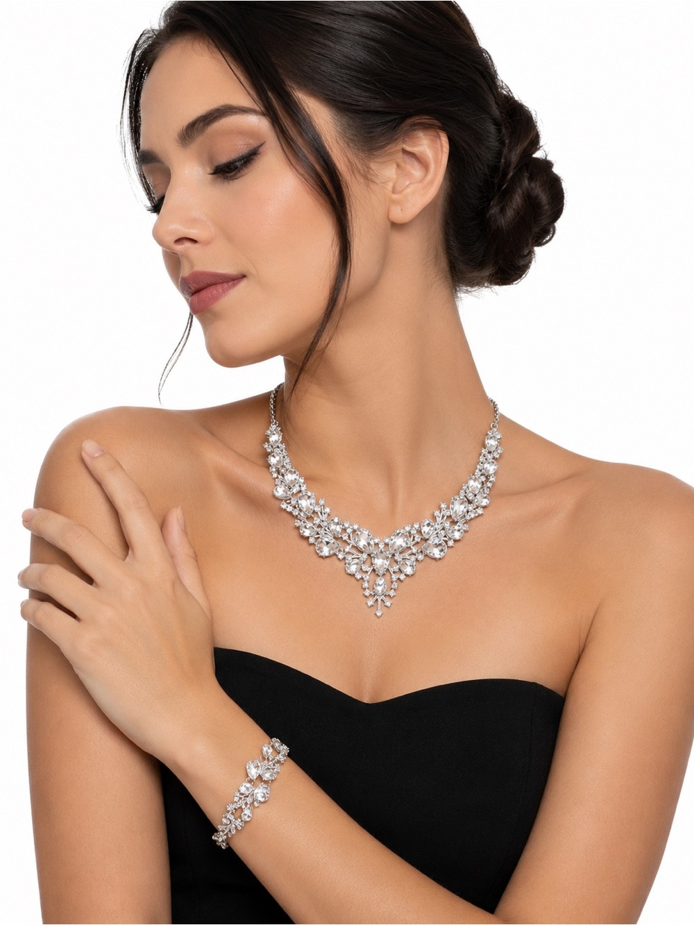 Crystal Rhinestone Statement Necklace & Bracelet Set Silver Glam